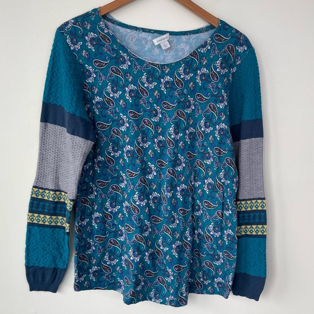 Sundance Paisley Print Sharrar Top Blue Grey L Large Floral Mixed Stitch Sleeve - Picture 3 of 9
